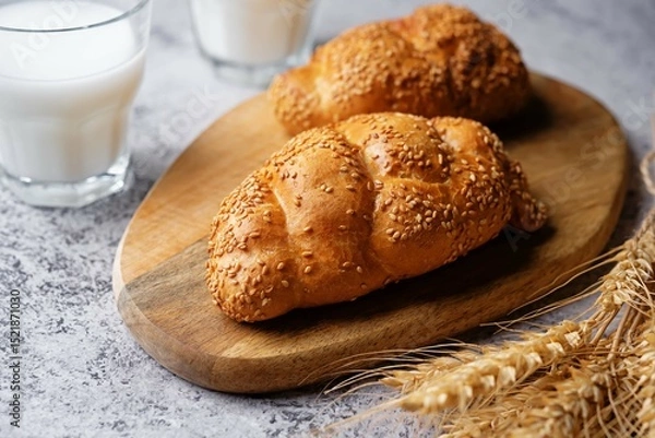 Obraz Sesame seeds braided bun on a grey background