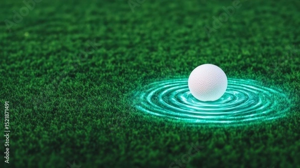 Fototapeta White Ball with Teal Ripples on Green Grass, Circle , Concept
