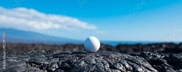 Fototapeta White Sphere on Volcanic Rock with Sea and Sky, Abstract ,Minimalist