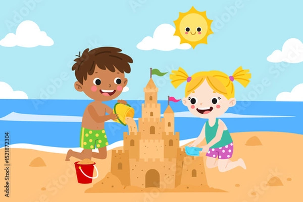 Obraz Cute kids building a sandcastle on a beach vector illustration