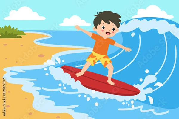 Obraz Cute boy surfing on a beach vector illustration 