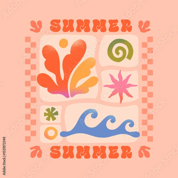 Fototapeta Summer illustration with sea ocean waves,coral,star.Groovy boho beach,surf club retro aesthetic.Summer vacation background in simple funny style.Graphic print for t shirts,banners,covers,branding