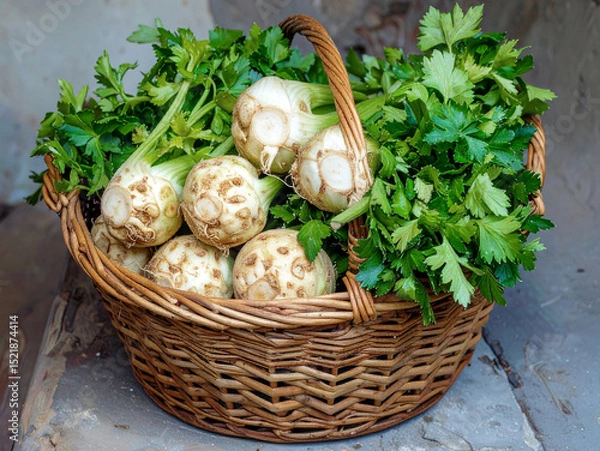 Obraz Freshly harvested celeriac placed in a woven basket against a rural textured stone wall