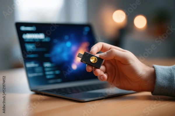 Fototapeta Person holds hardware crypto wallet in hand while laptop shows cryptocurrency balance. Indoor setting with ample desk space and soft ambient lighting. Concept of finance, technology, digital assets