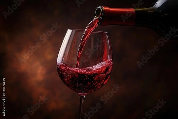 Fototapeta Red wine is poured into the glass from a bottle, isolated on a dark background Generative AI