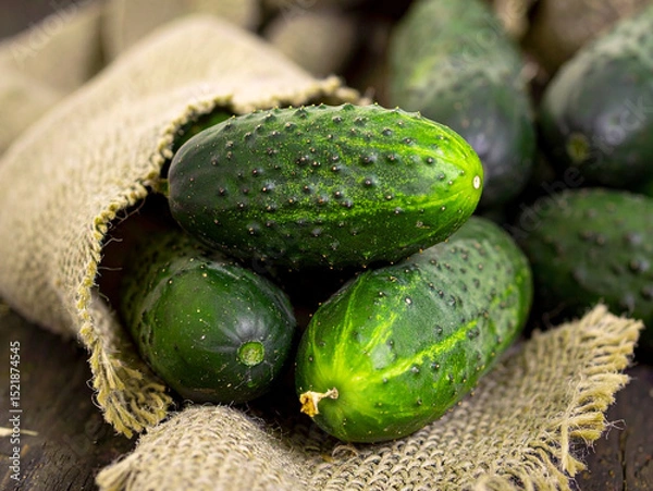 Obraz Fresh cucumbers in a burlap sack resting on a rustic wooden table.