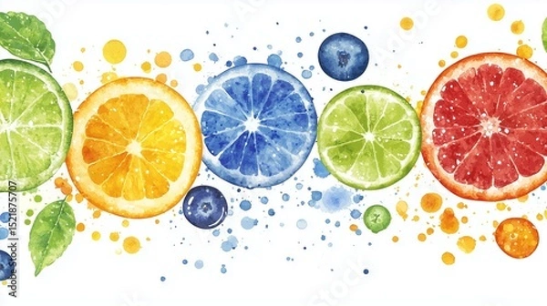 Fototapeta Colorful watercolor citrus fruit with splashes on white background.