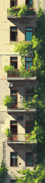 Fototapeta A very tall and narrow apartment facade with windows, balconies, and climbing vines