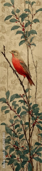 Fototapeta This vertically elongated, naturalistic painting captures the vivid beauty of an American Redstart bird balanced on a delicate branch adorned with subtle red berries and green foliage