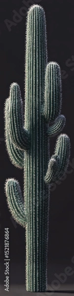 Fototapeta This very tall and narrow photograph captures the majestic verticality of a giant cactus in sharp detail, its ribbed green surface and spiny textures vividly contrasted against a black background