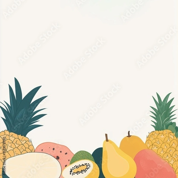 Fototapeta Tropical fruit frame with colorful flat illustrations on light background.