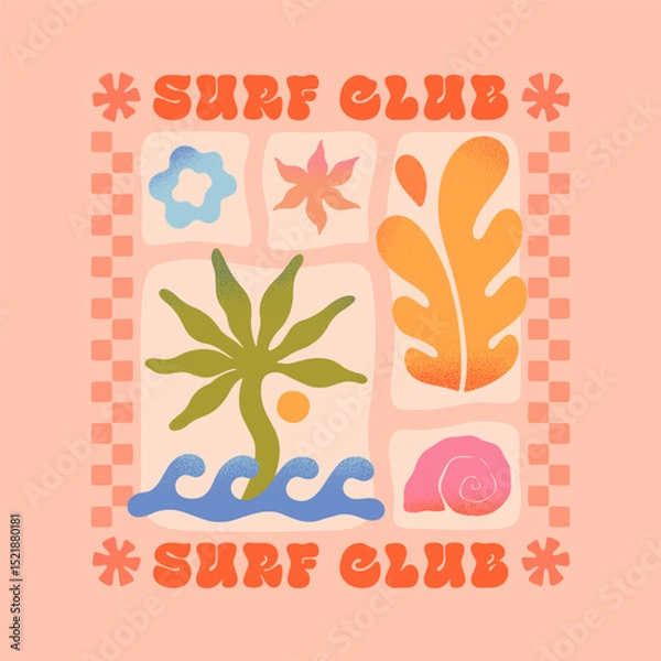 Fototapeta Summer illustration with sea ocean waves,palm,coral,star,seashell.Groovy boho beach,surf club aesthetic.Summer vacation background in simple style.Graphic print for t shirts,covers,branding