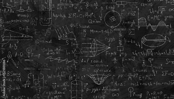 Obraz The scientific formulas for physics are drawn in white chalk on the school blackboard. Back to school. Scientific abstract background. Hand drawn school formulas.