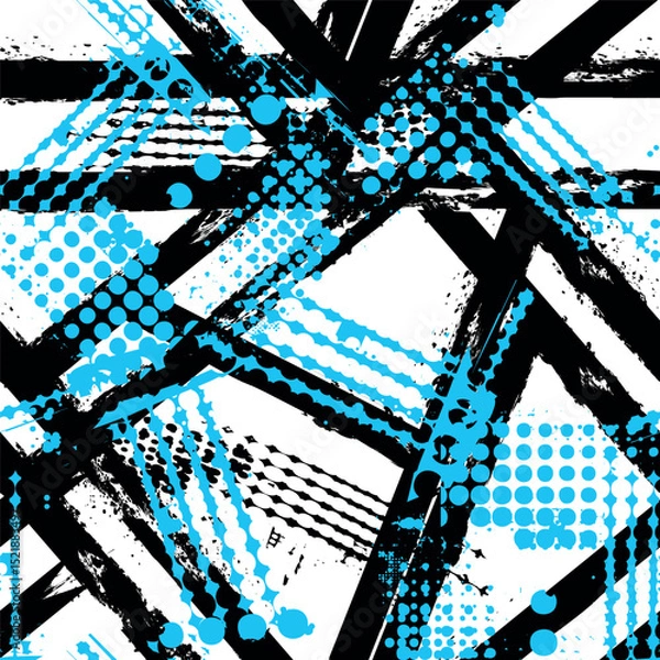 Obraz Vector Abstract seamless stripped pattern. Grunge geometric dotted simple Background in blue, white, black colors for sport textile. Textured ornament