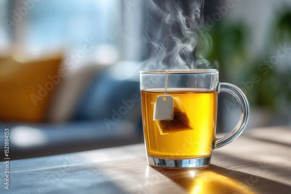 Fototapeta Hot herbal tea in clear mug with steam rising in cozy living room setting. Morning light streams in creating warm ambiance. Concept of beverage, relaxation, wellness