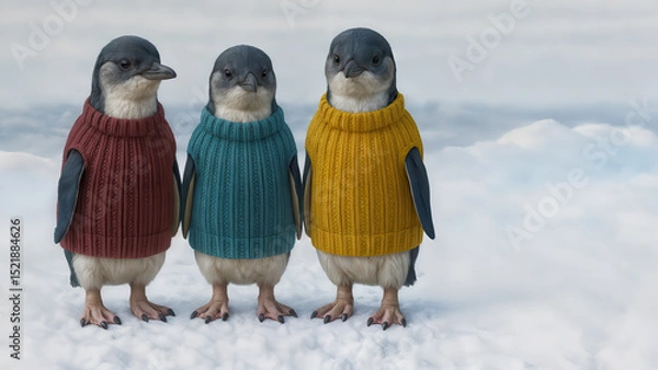 Obraz Three penguins in the Arctic wearing colorful knitted sweaters. Cute illustration.