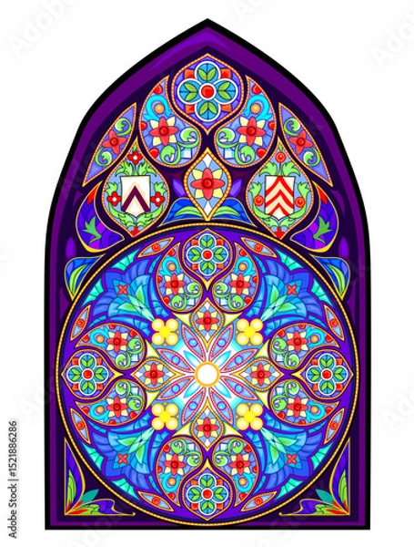 Fototapeta Fantasy drawing of beautiful gothic stained glass window with rose. Gothic architecture in Western Europe. Medieval Architecture in French churches. Hand drawn vector illustration.