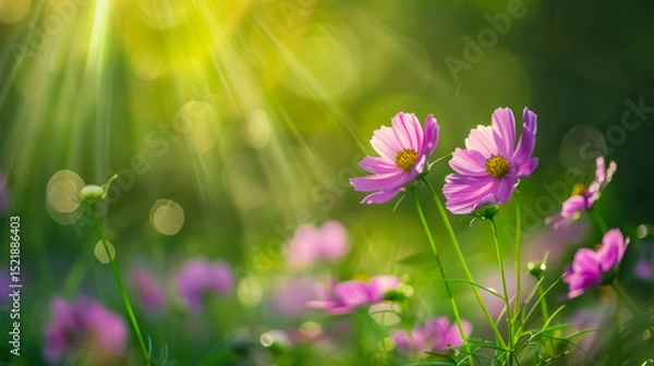 Fototapeta Pink wildflowers blooming in a sunlit field. A serene nature scene capturing the warmth of spring and the gentle glow of golden sunlight.