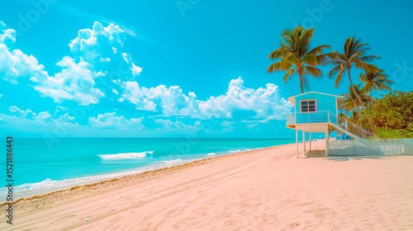 Fototapeta A pristine tropical beach with turquoise waters and a lifeguard tower under a bright blue sky. Pure relaxation and summer vibes.