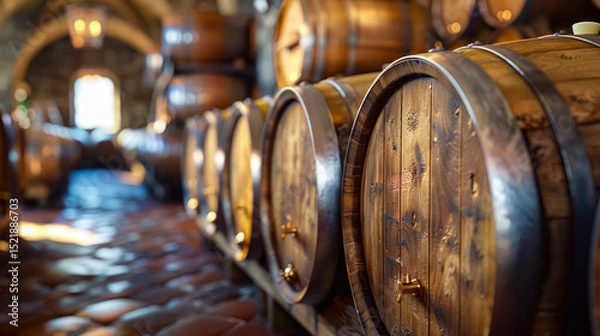 Fototapeta Wooden wine barrels sit in a rustic wine cellar with warm lighting and aged textures. A cozy and traditional view of winemaking and vintage storage.