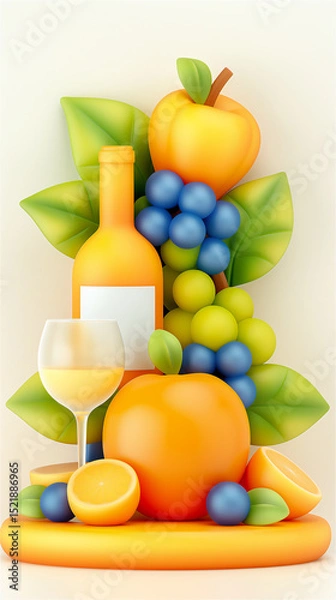 Obraz Lively illustration of a yellow bottle and wine glass with citrus, grape, apple and leaf accents that captures the essence of freshness and celebration.