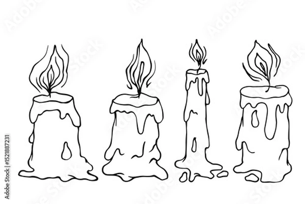 Fototapeta Set of linear sketches, contours of burning wax candles. Vector graphics.
