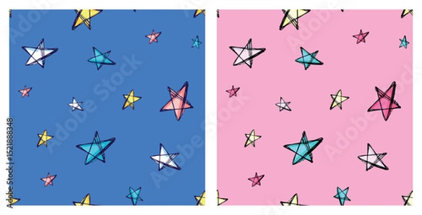 Obraz Colorful seamless pattern with doodle stars on blue background for kid textile, fabric, wrapping paper. Cosmic motif. Hand drawn doodle magic stars. Freehand childish background.