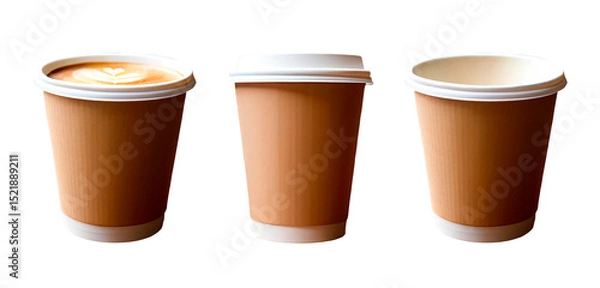 Fototapeta Copos de café de papel com lateral marrom, cheio de cappuccino, tampado e copo vazio destampado