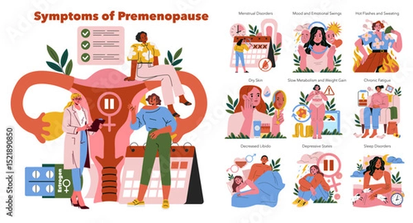 Fototapeta Symptoms of Premenopause Vector Illustration with Actions