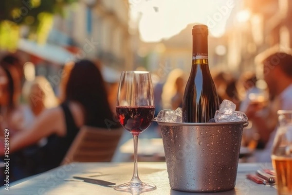 Obraz A bottle of red wine is placed on an ice bucket at the dining table, with people eating and drinking in blurred focus behind it Generative AI
