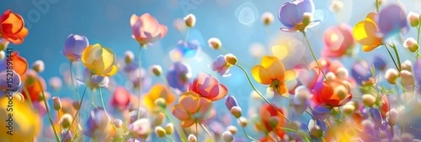 Fototapeta Bright colorful flowers against a blue background. Vibrant spring meadow with blooming floral composition and bokeh light.