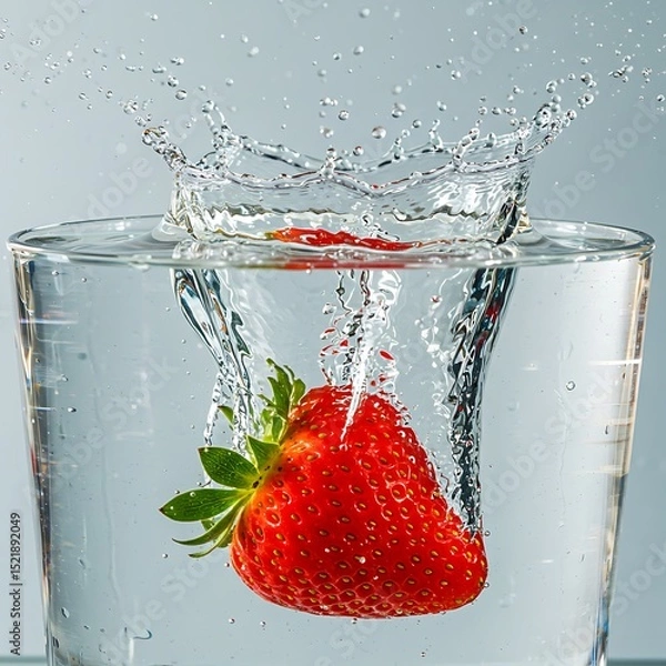 Obraz Red Strawberry Dropping into Water Glass