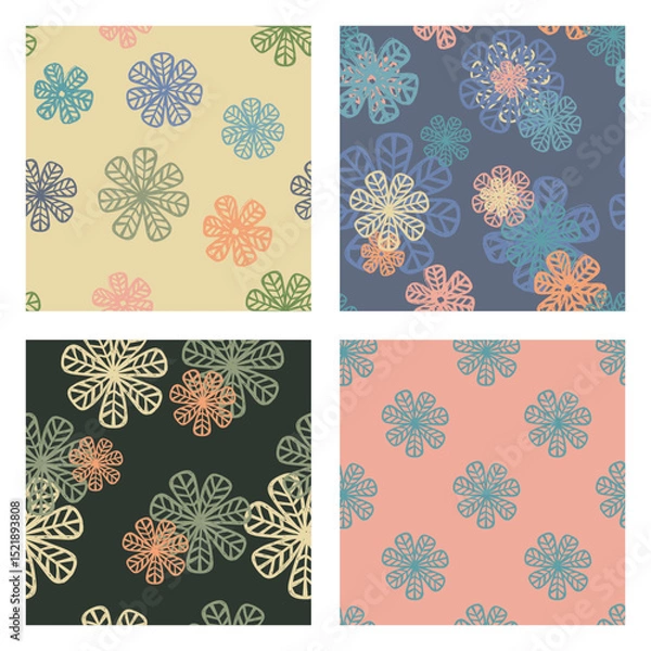 Obraz Set of seamless patterns with abstract floral silhouettes in soft and muted colors. Decorative retro-style flowers on contrasting backgrounds. Print for fabric, wallpaper, packaging. Vector 