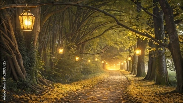 Fototapeta A pathway lined with trees and lanterns creating a magical and enchanting scene in the forest light