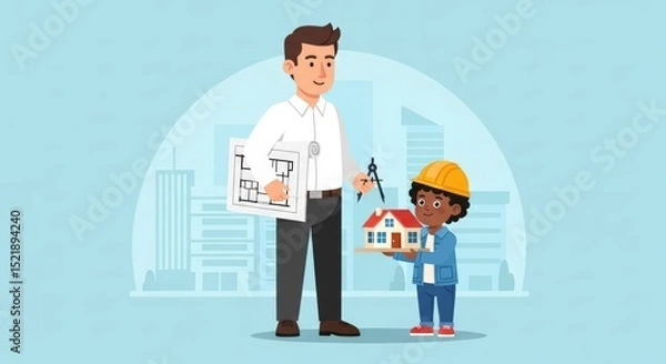 Fototapeta Aspiring Architect Young Boy Shows His House Model to Experienced Architect