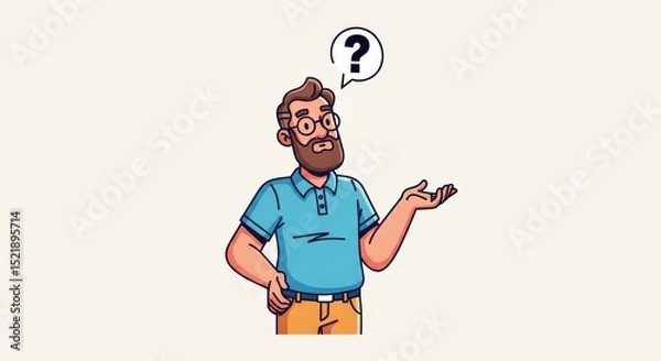 Fototapeta Confused Man Illustration Cartoon Character with Question Mark, Seeking Answers, Problem Solving, Decision Making, Uncertain Future