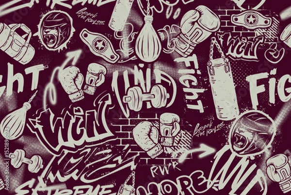 Obraz Seamless graffiti-style pattern with boxing gloves, punching bag, dumbbells, kettlebell, helmet, winner belt, lion mouth, tiger jaws, bold slogans, and brick wall background. Vector. Grunge street art