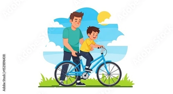 Fototapeta Father Teaching Son to Ride a Bicycle A heartwarming illustration of a dad helping his child learn to ride a bike outdoors, symbolizing childhood memories, family bonds, and the joy of learning.