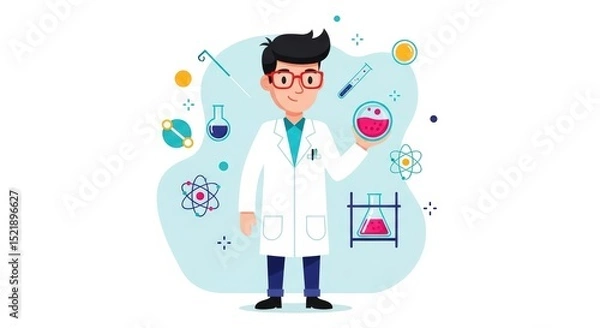 Fototapeta Adorable Cartoon Scientist  Chemistry, Science Experiments, Lab Illustration,  Educational Vector Graphic