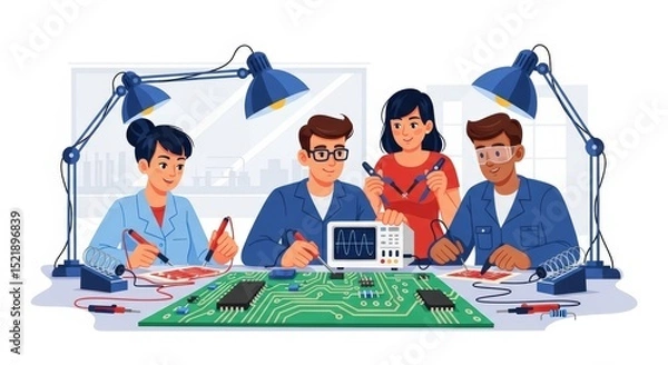 Fototapeta Team of Engineers Collaboratively Working on Circuit Board Design and Development