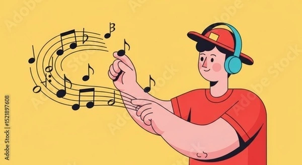 Fototapeta Person Enjoying Music  A Vibrant Illustration of a Young Man Listening to and Interacting with Musical Notes