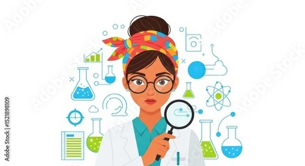 Fototapeta Female Scientist with Magnifying Glass Exploring the World of Science and Discovery