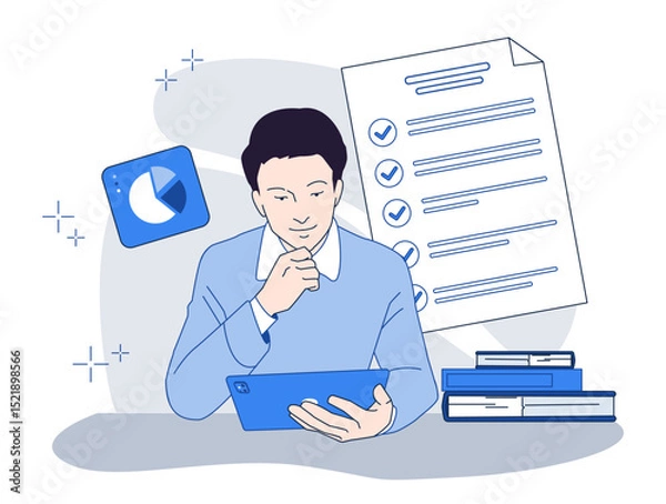 Obraz Man holding tablet while reviewing charts and checklist, minimal flat style, white background. Concept of productivity, planning, and data analysis. Vector illustration
