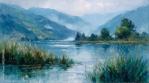 Obraz Tranquil morning mist gently rises over a still lake in a calming oil painting, with soft brushstrokes capturing serenity, solitude, silence, and peaceful natural reflections in a wide panoramic lands