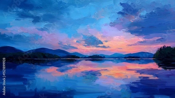Obraz Serene sunset lake landscape with calm reflective water and warm sky tones in an impressionistic oil painting style, ideal for relaxation, mindfulness, and art therapy usage.

