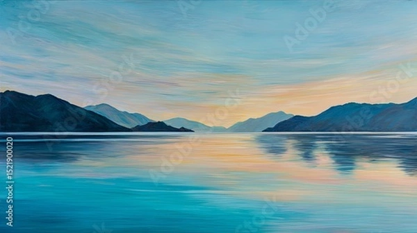 Obraz Serene sunset lake landscape with calm reflective water and warm sky tones in an impressionistic oil painting style, ideal for relaxation, mindfulness, and art therapy usage.

