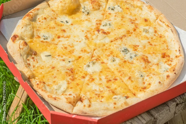 Fototapeta Pizza with cheese in a cardboard box on a bench on the grass. Picnic, food delivery.