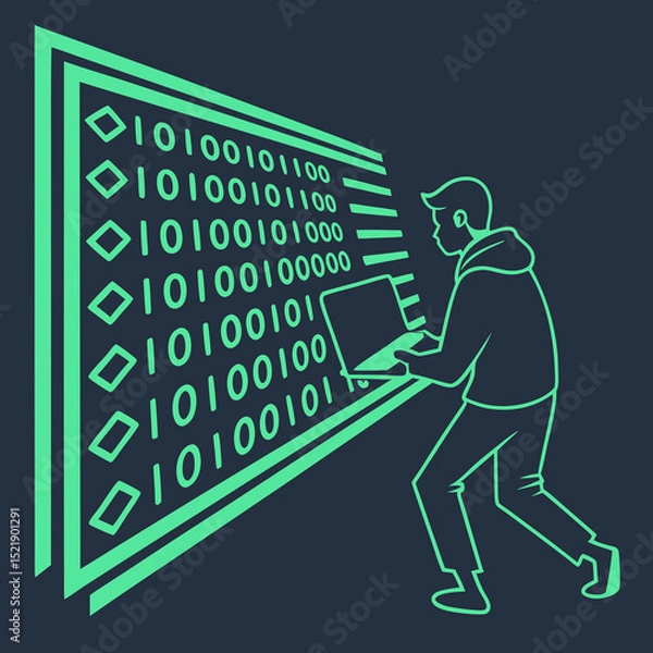 Obraz Digital Hacker Interacting with Binary Code and Laptop in Action