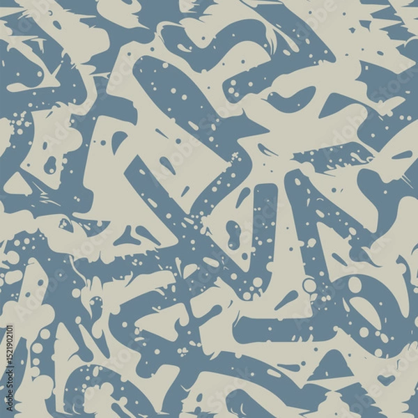 Fototapeta Graffiti pattern. Vector abstract seamless texture with paint splashes, chaotic shapes, strokes, lines, dots. Blue and grey ink spray grunge background. Urban art. Modern painting. Repeating design