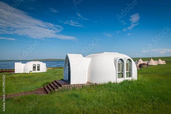 Fototapeta The space capsule building on the Hohhotonor Grassland in Hulunbuir City, Inner Mongolia Autonomous Region, China